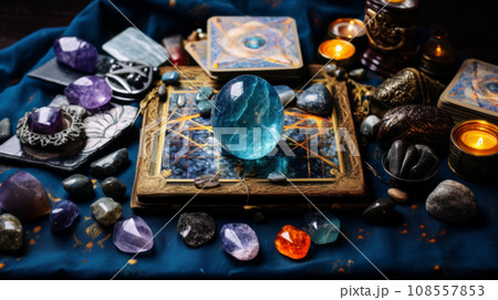 Beautiful esoteric and mystical altar for meditation with crystals and semi-precious stones Beautiful esoteric and mystical altar for meditation with crystals and semi-precious stones 108557853