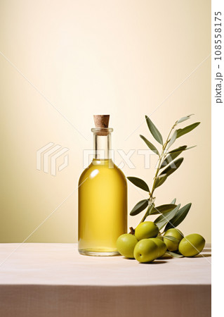 Bottle of olive oil and green olives with leaves on light background Bottle of olive oil and green olives with leaves on light background 108558175