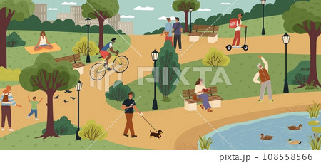 Different people walking, riding eco-friendly transport, training in park Different people walking, riding eco-friendly transport, training in park 108558566