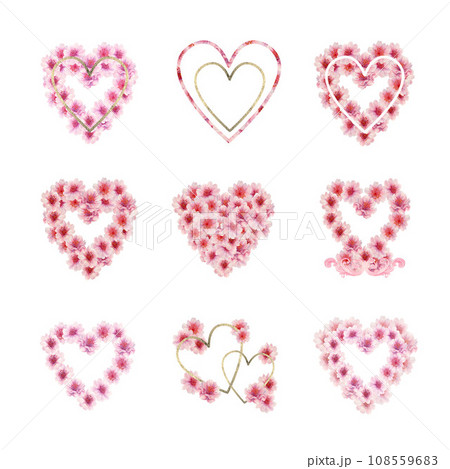Set of watercolor pink heart drawn from cherry blossom flowers 108559683