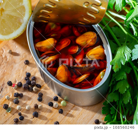 Deliciously pickled mussels with lemon and greens, nobody Deliciously pickled mussels with lemon and greens, nobody 108560246