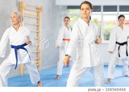 Group of women training karate techniques in studio Group of women training karate techniques in studio 108560488