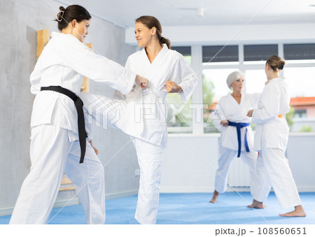 Two women trained to perform basic defensive karate installations and attacking combat techniques Two women trained to perform basic defensive karate installations and attacking combat techniques 108560651