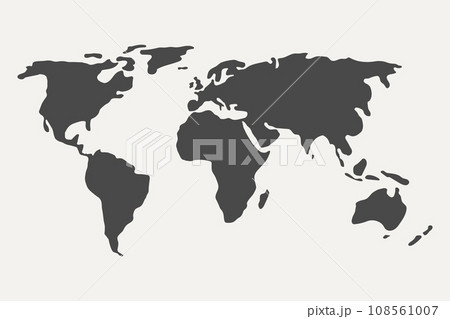Black Gray Silhouette of Simple Stylized World Map. Shapes of Continents of the Globe Isolated on a White Background. Vector Illustration. Black Gray Silhouette of Simple Stylized World Map. Shapes of Continents of the Globe Isolated on a White Background. Vector Illustration. 108561007