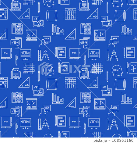 Maths thin line blue seamless background - Mathematics vector outline pattern 108561160