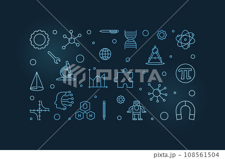Science Education blue creative outline banner - Science concept line horizontal illustration 108561504