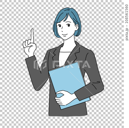 A woman in a suit pointing with a smile 108561560