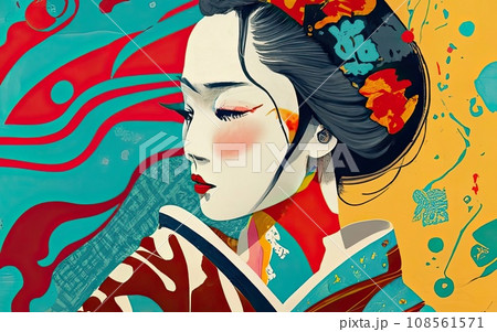 kimono female side view in graffiti background kimono female side view in graffiti background 108561571