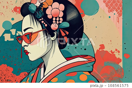 kimono female side view in graffiti background 108561575