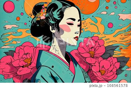 kimono female side view in graffiti background kimono female side view in graffiti background 108561578