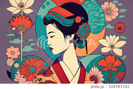 kimono female side view in graffiti background kimono female side view in graffiti background 108561582
