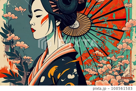 kimono female side view in graffiti background kimono female side view in graffiti background 108561583