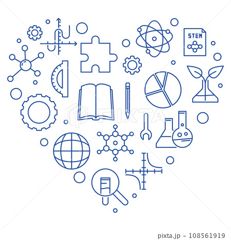 I Love STEM heart shaped minimal line blue banner - Science concept linear illustration I Love STEM heart shaped minimal line blue banner - Science concept linear illustration 108561919