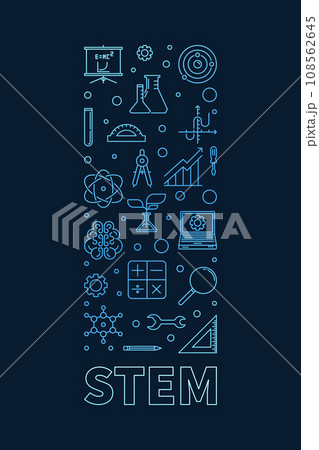STEM concept vertical minimal outline blue banner - Science, Tech, Engineering and Maths thin line illustration 108562645