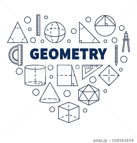 Geometry School Discipline vector concept heart-shaped outline banner. Heart with Geometric Shapes symbols illustration 108562659