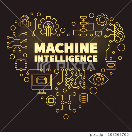 Machine Intelligence heart thin line golden banner. ML Technology concept creative illustration Machine Intelligence heart thin line golden banner. ML Technology concept creative illustration 108562709