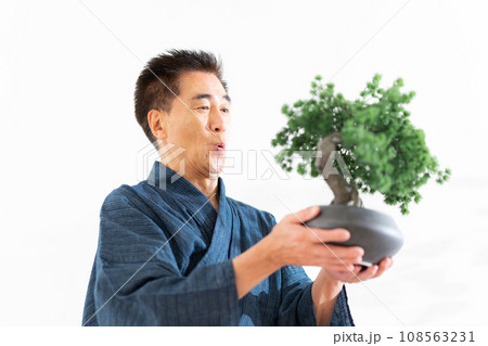 趣味の盆栽を眺めるシニア男性 趣味の盆栽を眺めるシニア男性 108563231