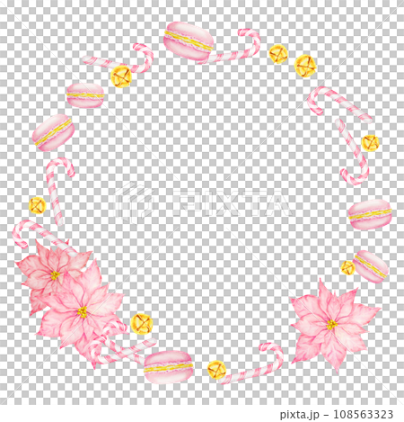 Pink poinsettia, New Year's striped candy canes, macarons. Watercolor hand drawn wreath with Christmas star. Winter symbol for holiday season prints, greeting cards, packing, invitations, posters 108563323