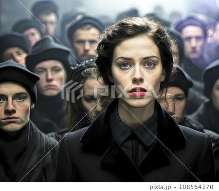 Terrifying dark image of a woman in black clothing in front of a group of solemn people in dark suits 108564170