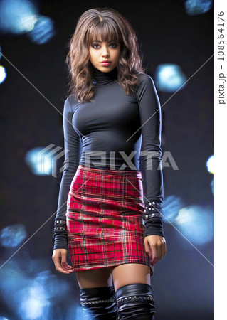 Young black woman in plaid skirt with high leather boots and tight turtleneck sweater Young black woman in plaid skirt with high leather boots and tight turtleneck sweater 108564176