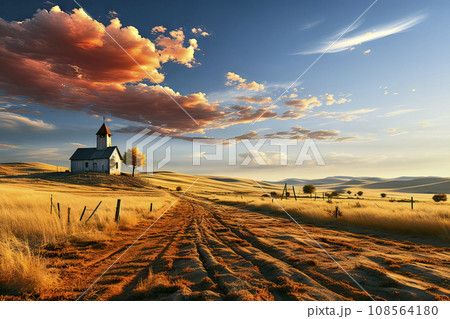 Pink Clouds in the Blue Sky above a Small Church at the End of a Dusty Sandy Path in a Bleak Landscape 108564180