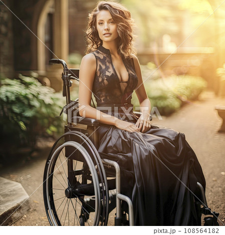 Pretty Disabled Young Woman in a Black Lace Dress Sitting in a Wheelchair in a Sunny Garden Pretty Disabled Young Woman in a Black Lace Dress Sitting in a Wheelchair in a Sunny Garden 108564182