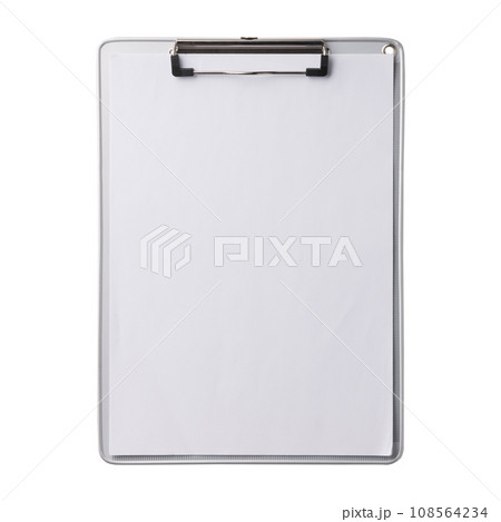 Silver clipboard with clip at the top for papers. Single clipboard, writing board with papers. Realistic, photography, isolated on white background. 108564234