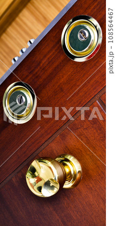 Modern wooden looking steel door, security lock system 108564467