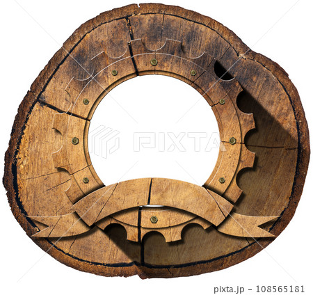 Wooden Cogwheel or Gear with Empty Ribbon above a Tree Trunk Wooden Cogwheel or Gear with Empty Ribbon above a Tree Trunk 108565181