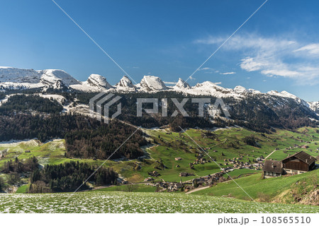 The snowy Churfirsten mountains in the Swiss Alps, Toggenburg, Canton St. Gallen, Switzerland The snowy Churfirsten mountains in the Swiss Alps, Toggenburg, Canton St. Gallen, Switzerland 108565510