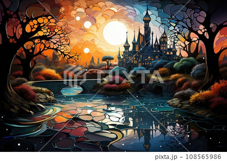 dreamscape panorama landscape gaudi inspired illustration generative ai 108565986