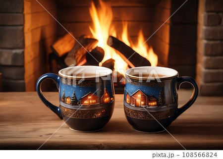 暖炉と温かい飲み物 108566824