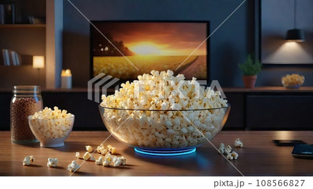 Cozy Home Entertainment: Glass Bowl of Popcorn with TV in the Background for Movie or TV Series Night. Generative AI. Cozy Home Entertainment: Glass Bowl of Popcorn with TV in the Background for Movie or TV Series Night. Generative AI. 108566827