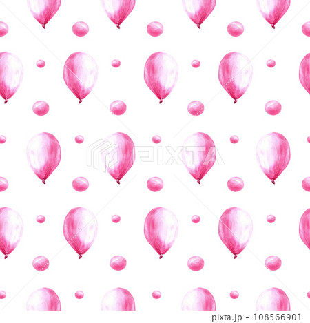 Pink air balloon seamless pattern with bubbles and peas. Its a baby girl, newborn birthday party Hand painted watercolor illustration isolated on white background for print cover, wrapping, wallpaper. 108566901