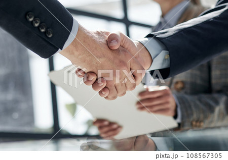 Two business people shaking hands in front of their colleagues 108567305