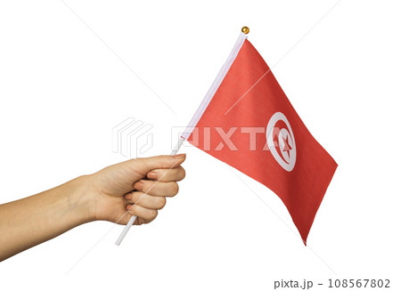 Female hand holding Tunisia flag isolated on white background, template for designers 108567802