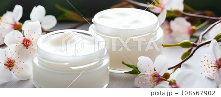 Moisturizing cream and almond blooms front view close up 108567902