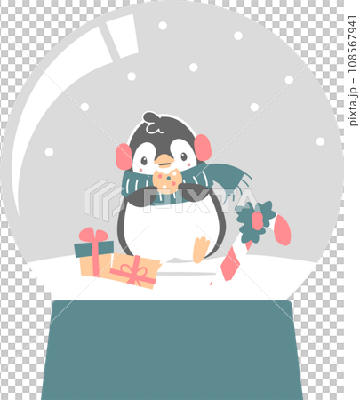 merry christmas and happy new year with cute penguin, cookie, gift box, candy cane in crystal ball, flat png transparent element cartoon character design 108567941