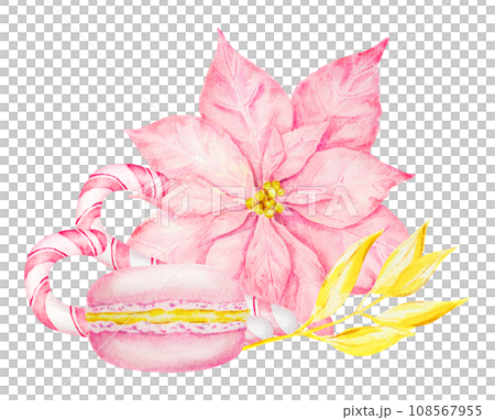 Pink poinsettia, gold branch, New Year's candy canes, macaron. Watercolor hand drawn clip art with Christmas star. Winter symbol for holiday season prints, greeting cards, banner, invitation, poster Pink poinsettia, gold branch, New Year's candy canes, macaron. Watercolor hand drawn clip art with Christmas star. Winter symbol for holiday season prints, greeting cards, banner, invitation, poster 108567955