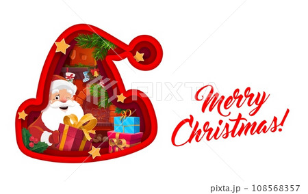 Christmas paper cut with Santa claus, Santa hat and gifts. Vector Xmas holiday papercut double 3d effect frame in shape of Saint Nicholas cap, father Noel with presents near the fireplace 108568357