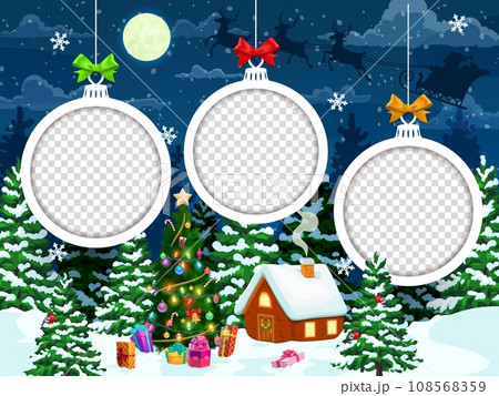 Christmas paper cut landscape with holiday bauble templates. Vector greeting card with snowy winter town cityscape with houses, snowfall and pines at xmas eve. Double exposition 3d round toy frames Christmas paper cut landscape with holiday bauble templates. Vector greeting card with snowy winter town cityscape with houses, snowfall and pines at xmas eve. Double exposition 3d round toy frames 108568359