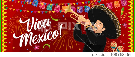 Mariachi musician on Viva Mexico, Mexican Independence day banner, vector background. Mexican holiday fiesta celebration poster with Mexican man musician in sombrero with trumpet or papel picado flags 108568366