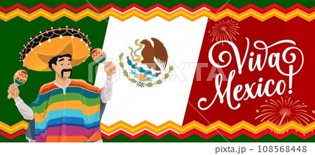 Viva mexico banner with national mexican flag and mariachi character. Mexico country independence day celebration vector banner with mariachi musician in poncho and sombrero, playing on maracas 108568448