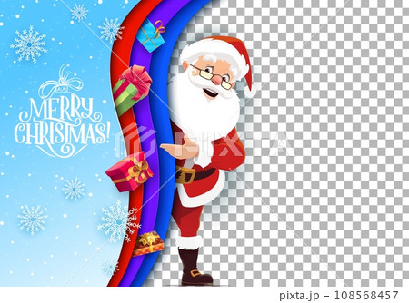 Christmas greeting card template with paper cut waves and Santa. Cartoon vector 3d layered effect wavy frame, funny Father Noel, gifts and Merry Christmas lettering on blue background with snowflakes 108568457