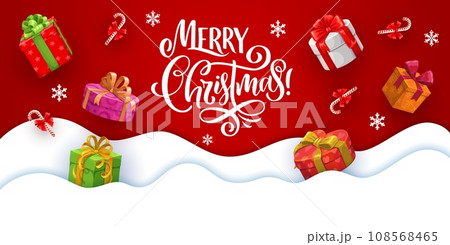 Christmas paper cut banner with falling gifts and presents. Vector holiday greeting card with gift boxes and snowflakes on red background with snow drift layers. Xmas 3d paper craft with lettering Christmas paper cut banner with falling gifts and presents. Vector holiday greeting card with gift boxes and snowflakes on red background with snow drift layers. Xmas 3d paper craft with lettering 108568465