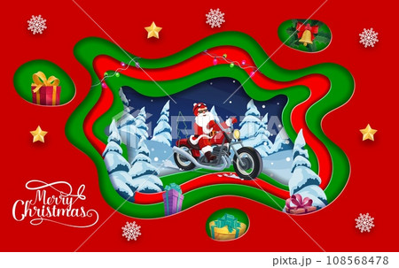 Cartoon christmas paper cut card, Santa on bike in winter forest. Vector banner with funny Father Noel biker hurry to kids by snowy wood with trees and gifts in 3d layered effect frame, greeting card 108568478