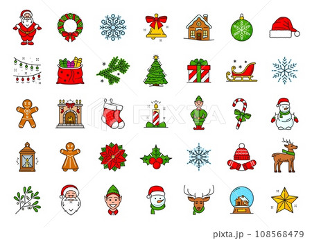 Christmas line icons set, vector celebratory attributes. Santa, wreath, snowflake, bell or gingerbread. Pine tree, gifts bag, gnome, stockings, fireplace and lantern, elf with snowman, deer and star Christmas line icons set, vector celebratory attributes. Santa, wreath, snowflake, bell or gingerbread. Pine tree, gifts bag, gnome, stockings, fireplace and lantern, elf with snowman, deer and star 108568479