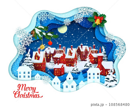 Christmas paper cut landscape. Winter town, snowflakes and holiday decorations. Vector double exposition 3d effect frame with countryside cityscape scene at eve night with moon and house silhouettes Christmas paper cut landscape. Winter town, snowflakes and holiday decorations. Vector double exposition 3d effect frame with countryside cityscape scene at eve night with moon and house silhouettes 108568480