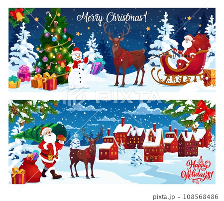 Merry Christmas banners. Christmas celebration, Xmas holiday or winter season festive vector backdrop. New Year banner with Santa character in sleigh, reindeer and snowman in forest, snowy town houses 108568486