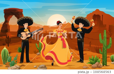 Mexican mariachi musicians and woman dancer at desert landscape. Mexican culture motif vector background with flamenco dancer and musicians cartoon characters playing guitar and maracas in desert Mexican mariachi musicians and woman dancer at desert landscape. Mexican culture motif vector background with flamenco dancer and musicians cartoon characters playing guitar and maracas in desert 108568563